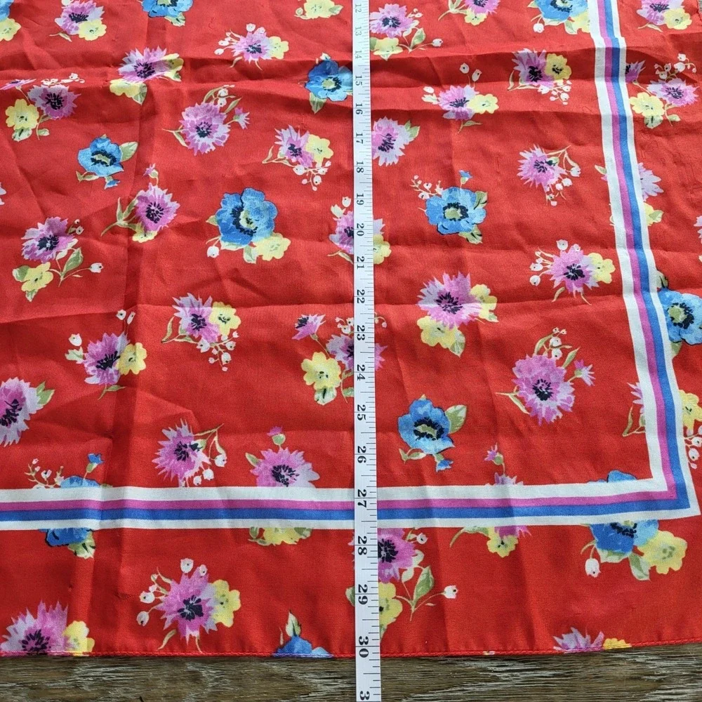 Vintage Glentex Italy Red Floral Square Scarf Neckerchief Striped Border Print